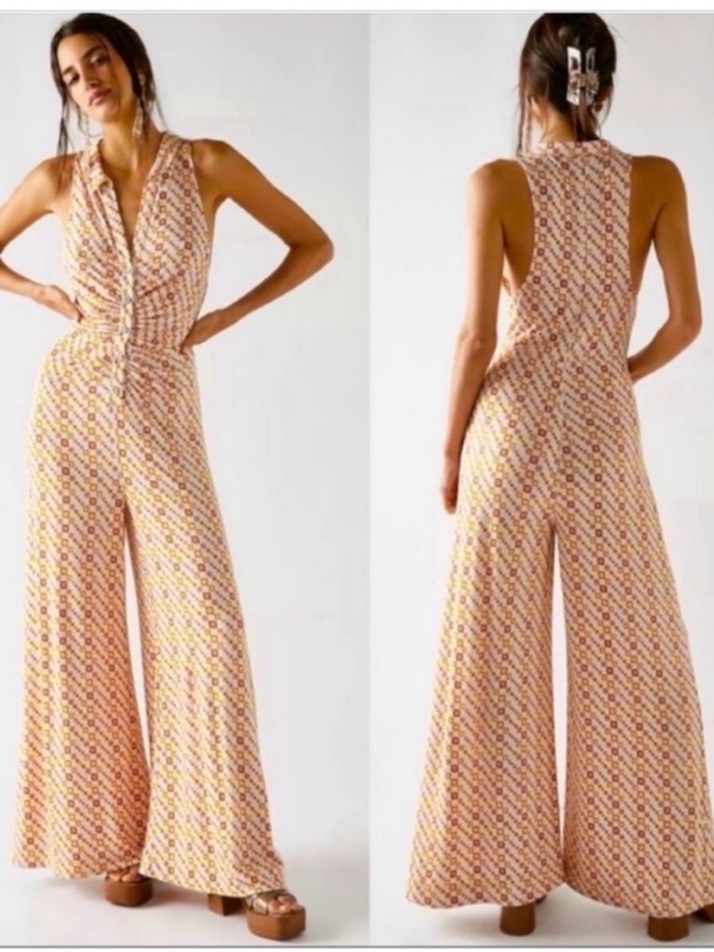 Free People Retro Shayla Sleeveless Wide Leg Button Up Boho Jersey Jumpsuit